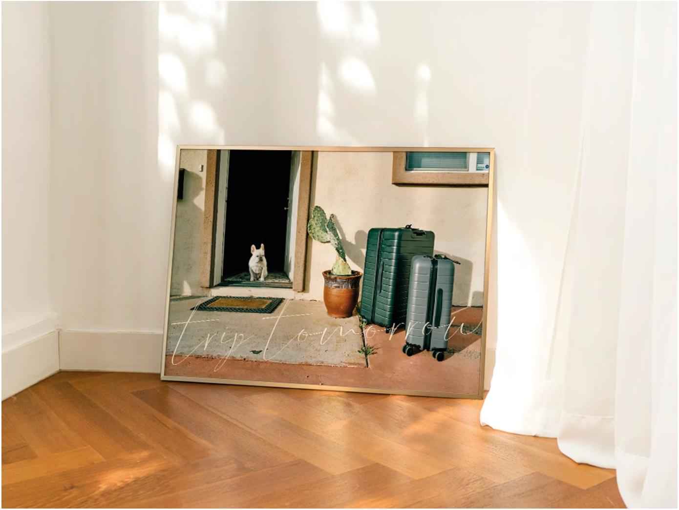 a dog and luggage | wall art